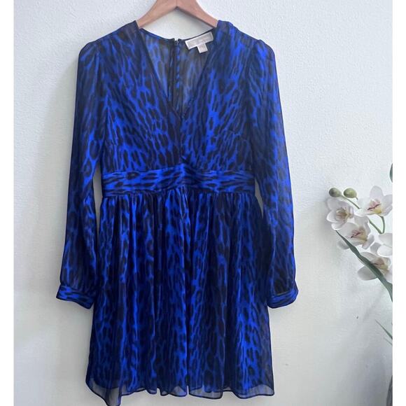 Michael Kors Blue V-Neck Animal Print Long Sleeve Flowy Mini Dress Womens Size 6 - Picture 2 of 11